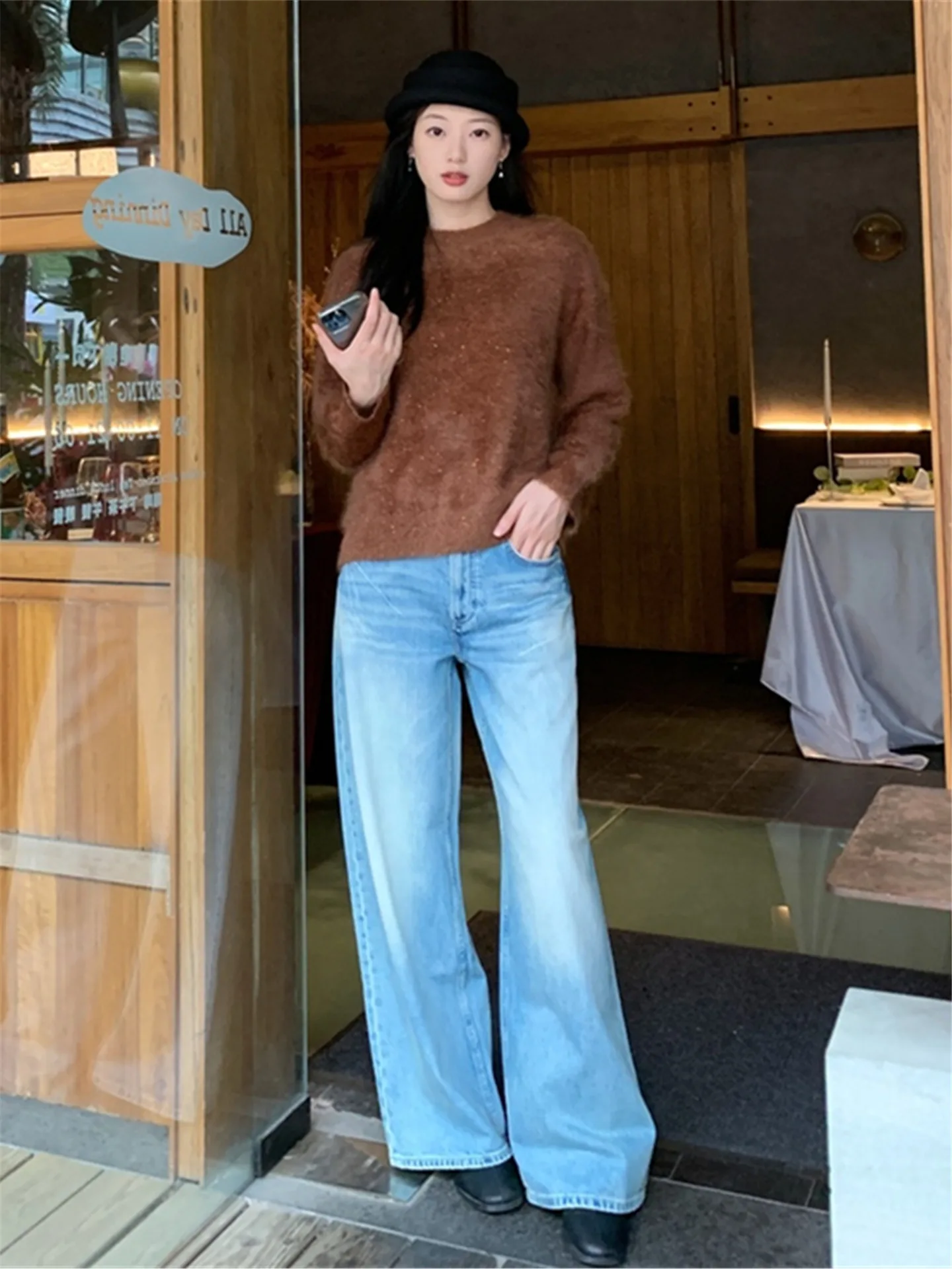 

Extended Long Wide Leg Jeans Women Loose Slimming Washed Spicy Low Waist Straight Floor-Length Pants Casual Cotton