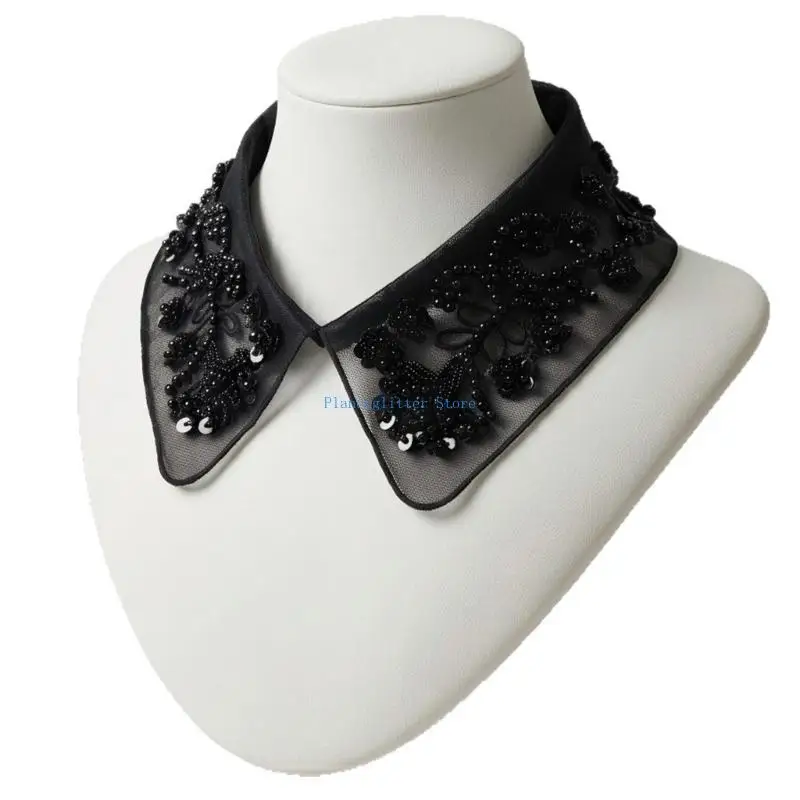 652B Women Black Sheer Layered Collar Necklace With Beadwork Pearls Decorative Collar Neckpiece For Formal And Casual Wear