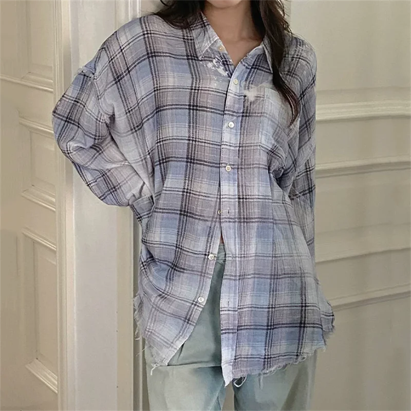 Women's shirt 2026 Autumn New Single breasted Loose Women's Long sleeved Top High quality pure cotton women's blouse plaid shirt