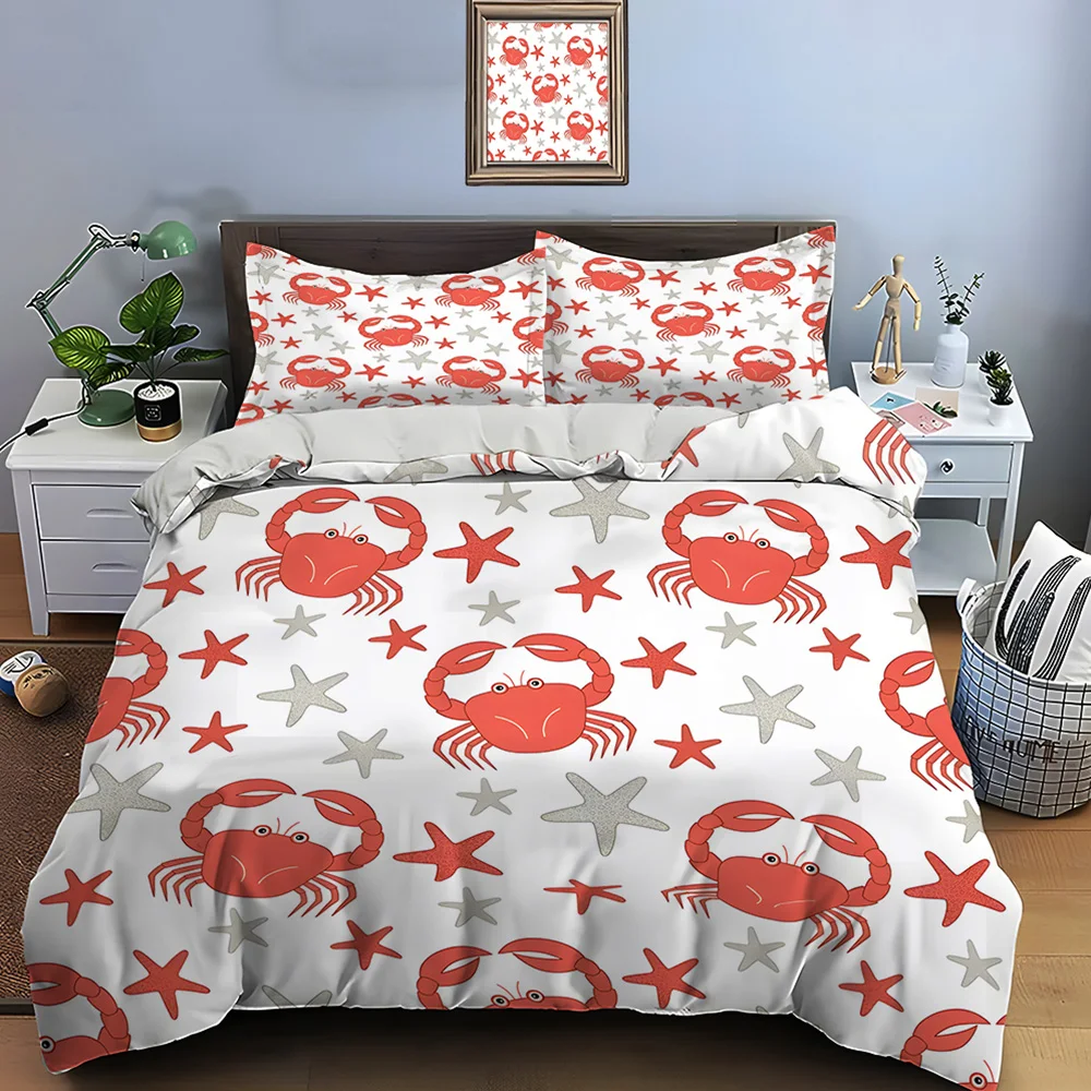 Cartoon crabs and starfish pattern Bedding Set for Kids Luxury Gift 3pcs Digital Print Comforter Set Soft Comfortable Breathable