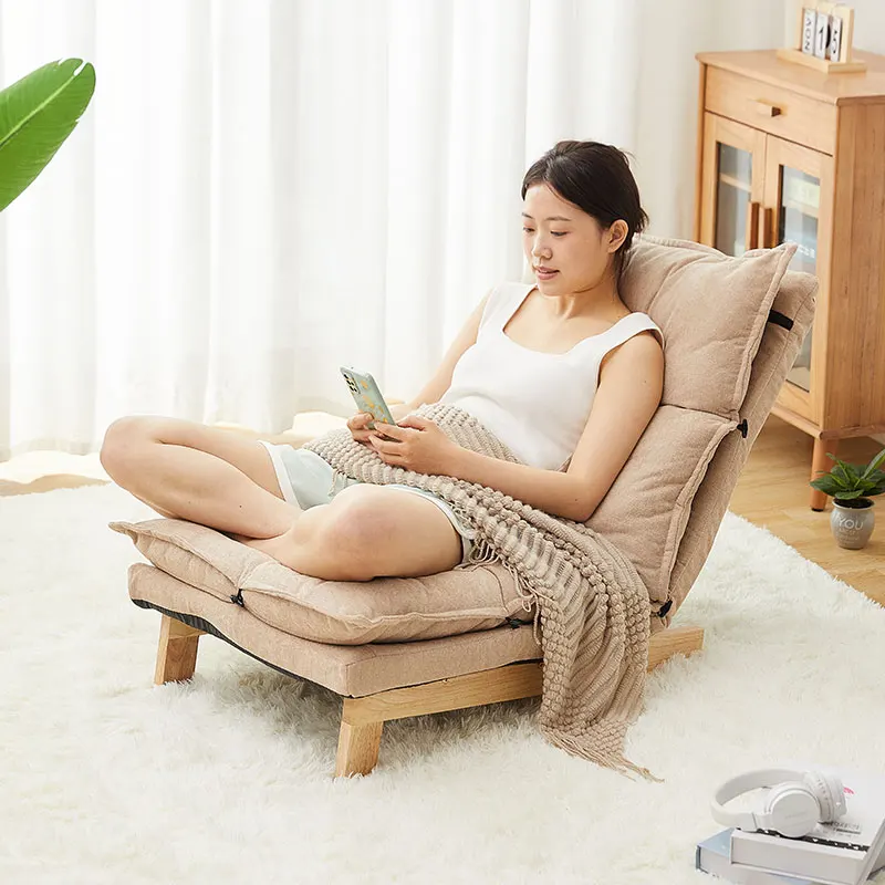Single Low Sofa Chair Japanese Style Lounge Chair Tatami Floor Seating for Bay Window or Balcony Solid Wood Home Lazy Recliner