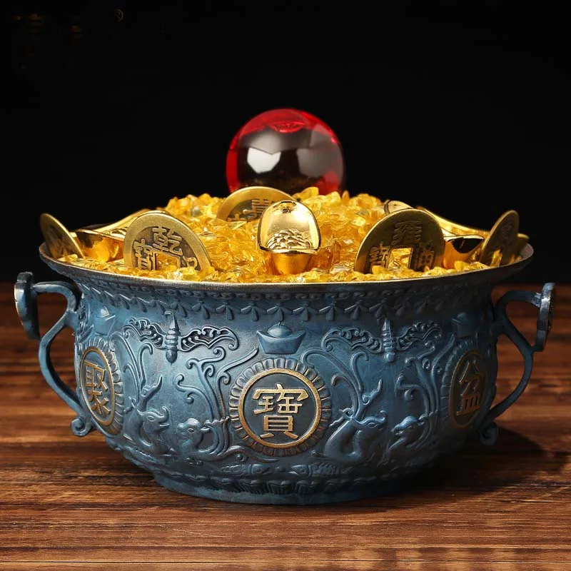 Geomantic master -Asia HOME OFFICE bring wealth fortune money GOOD LUCK Town house crystal FENG SHUI brass treasure bowl