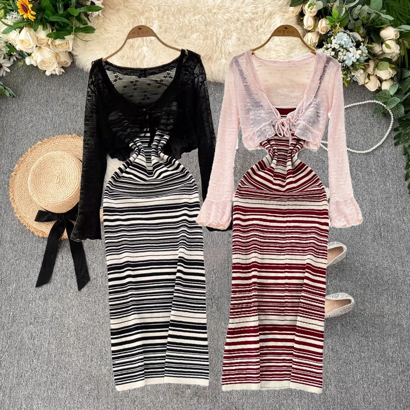 

2025 New Summer Women Long Sleeve Ruffles Short Lace Cardigan Tops + Striped Printing Waist Slim Long Strap Dress Two Piece Set