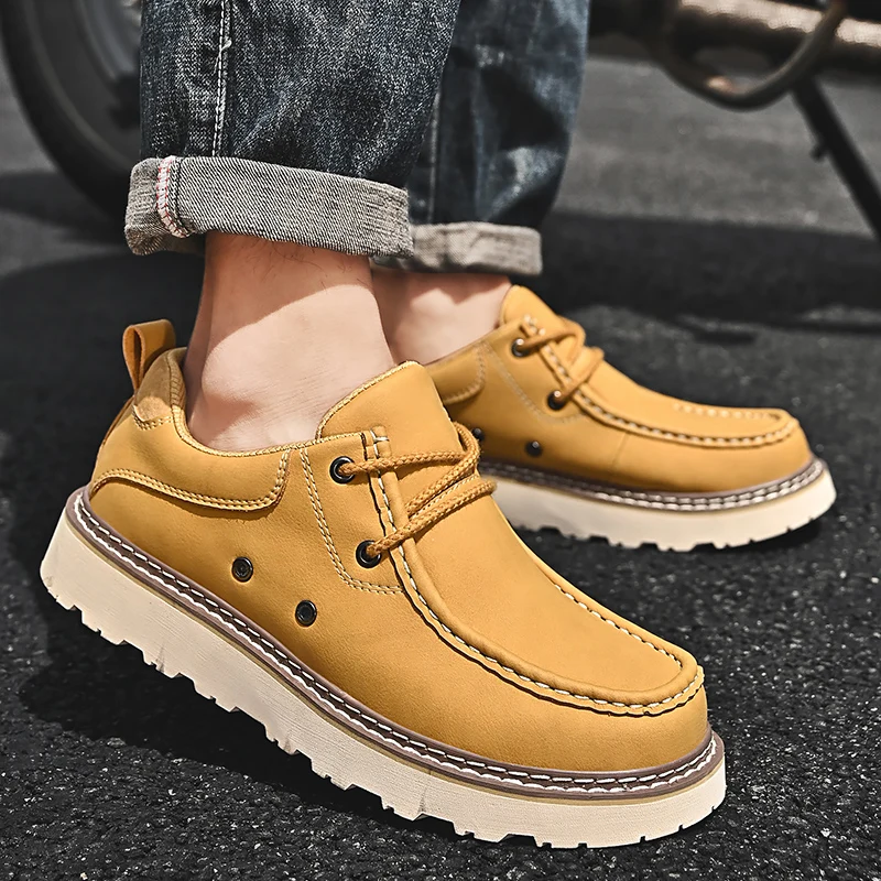 HKDQ High Quality Cowhide Leather Work Shoes Men Fashion Yellow Casual Sneakers For Man Comfy Lace-up Outdoor Men\'s Sports Shoes