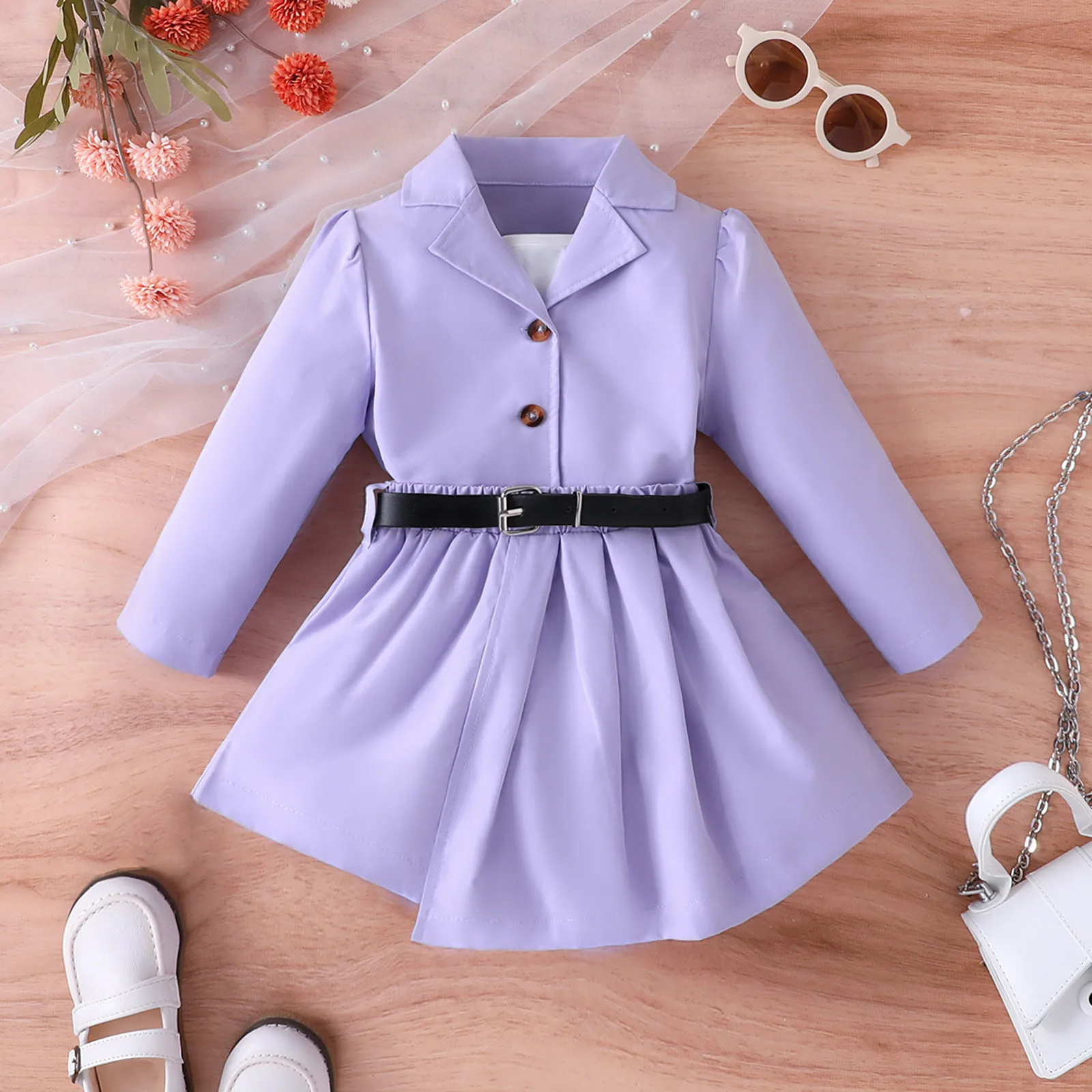 3-7Y Toddler Girls 3Pcs Fall Outfits Long Sleeve Single Breasted Blazer Coats+White Cami Tops+Belted Skirts Kids Matching Suits