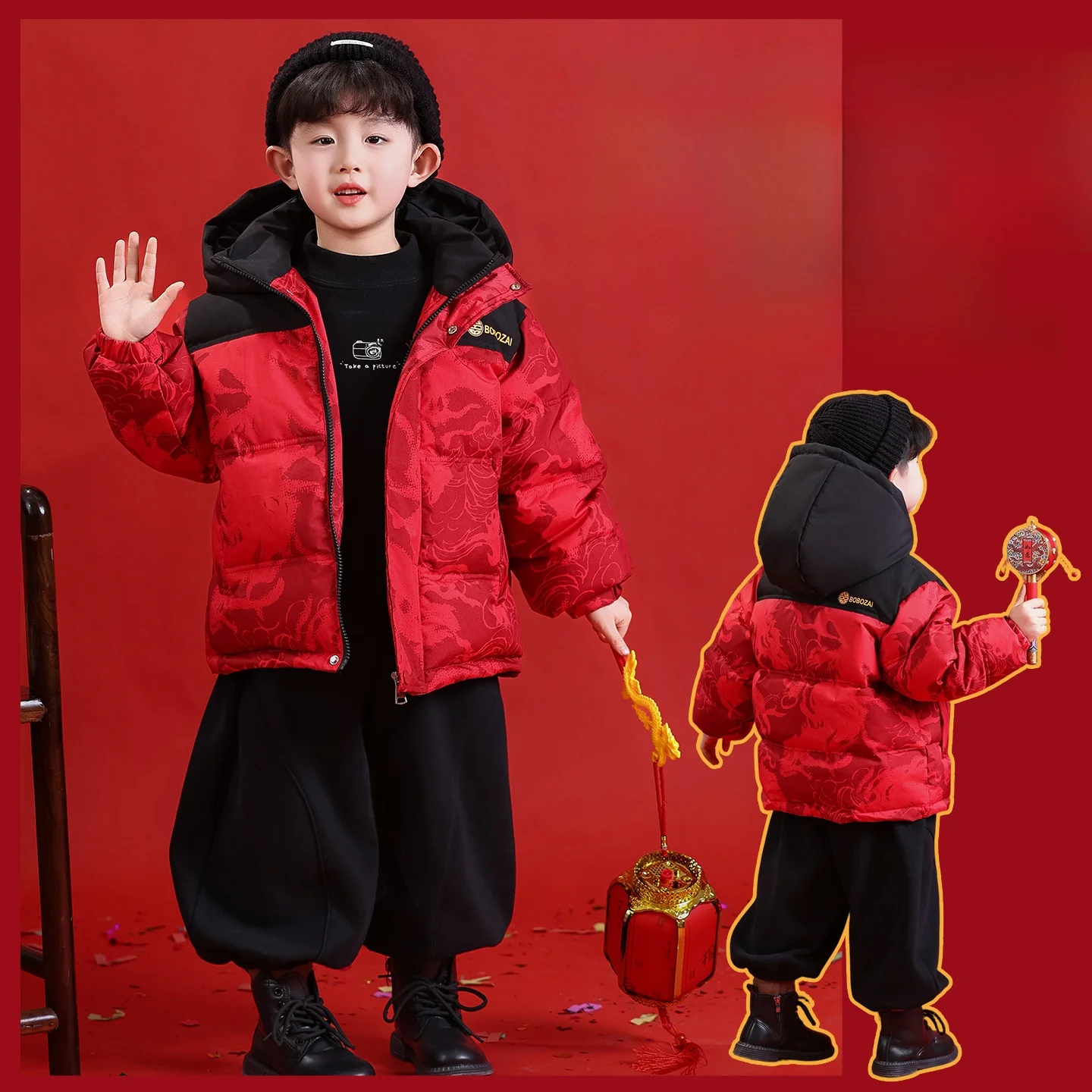 

Red Winter Puffer Jaet for Boys Warmth Guaranteed Youthful Sle Stand Fit Polyester Fiber Fill Zipper Closure Casual Wear