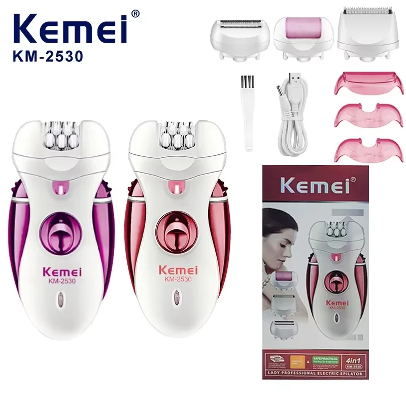 Kemei KM-2530 Wholesale 4 Heads Portable Electric Epilator Machine Epilator With Smart Light Women'S Painless Hair Remover