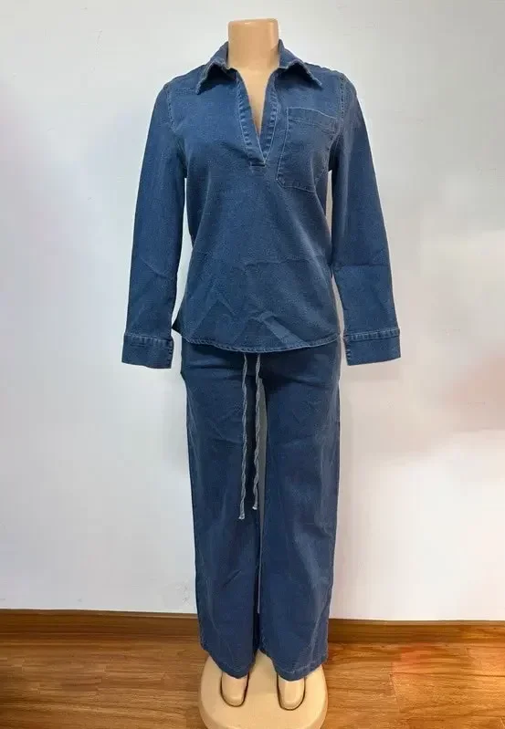 Fashion Women's Set Long Sleeve Washed Denim Tops Shirts + Wide Leg Pants Suit 2025 Spring Street Two 2 Piece Set Outfit