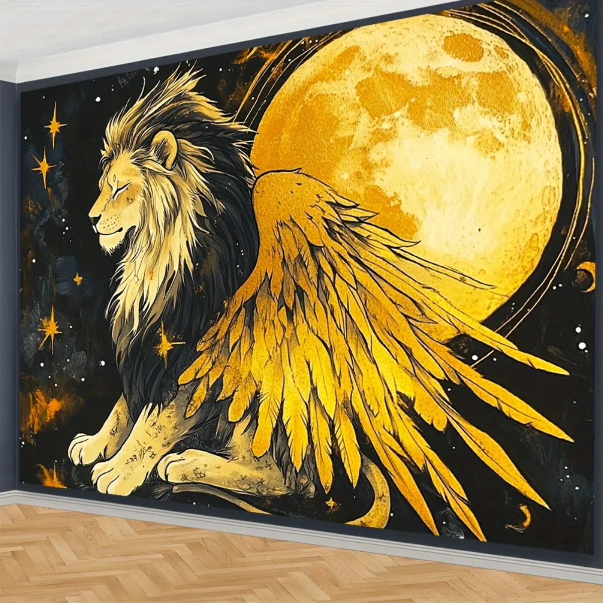 Giant Lion and Full Moon Tapestry Boho Celestial Wall Hanging Decor Golden Fantasy Art Print Mural Room Decoration 180x280cm