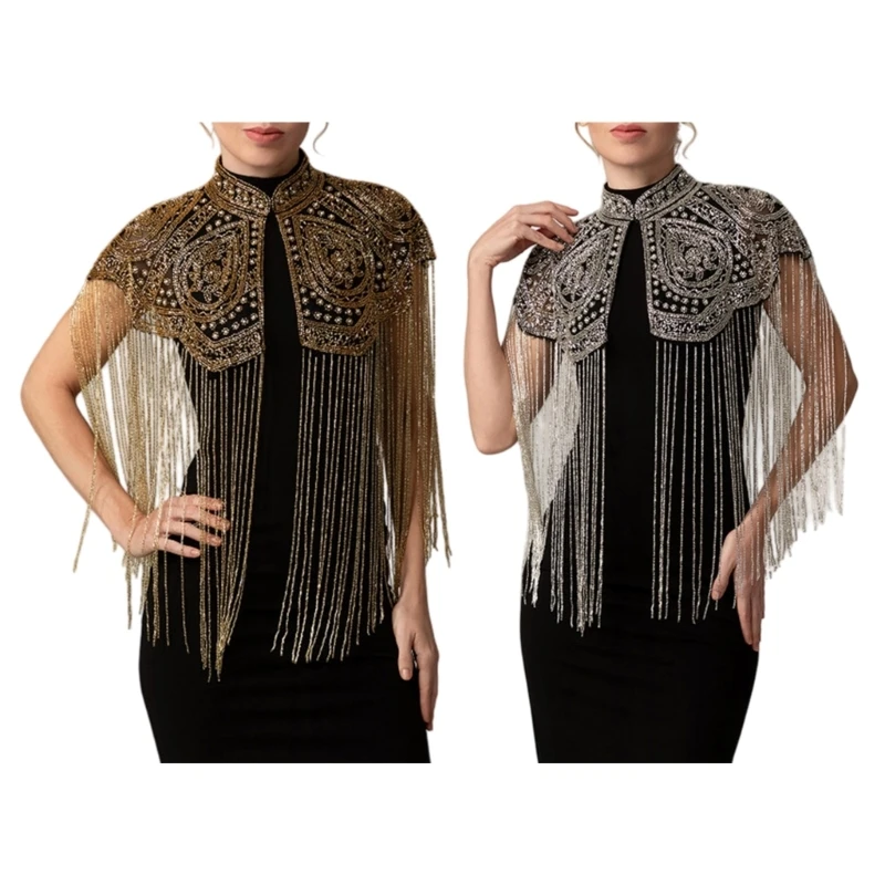 Statement Party Shawl for Women Embellished Fringe Capelet with for Receptions, Costumes, and Stage Wear Y166