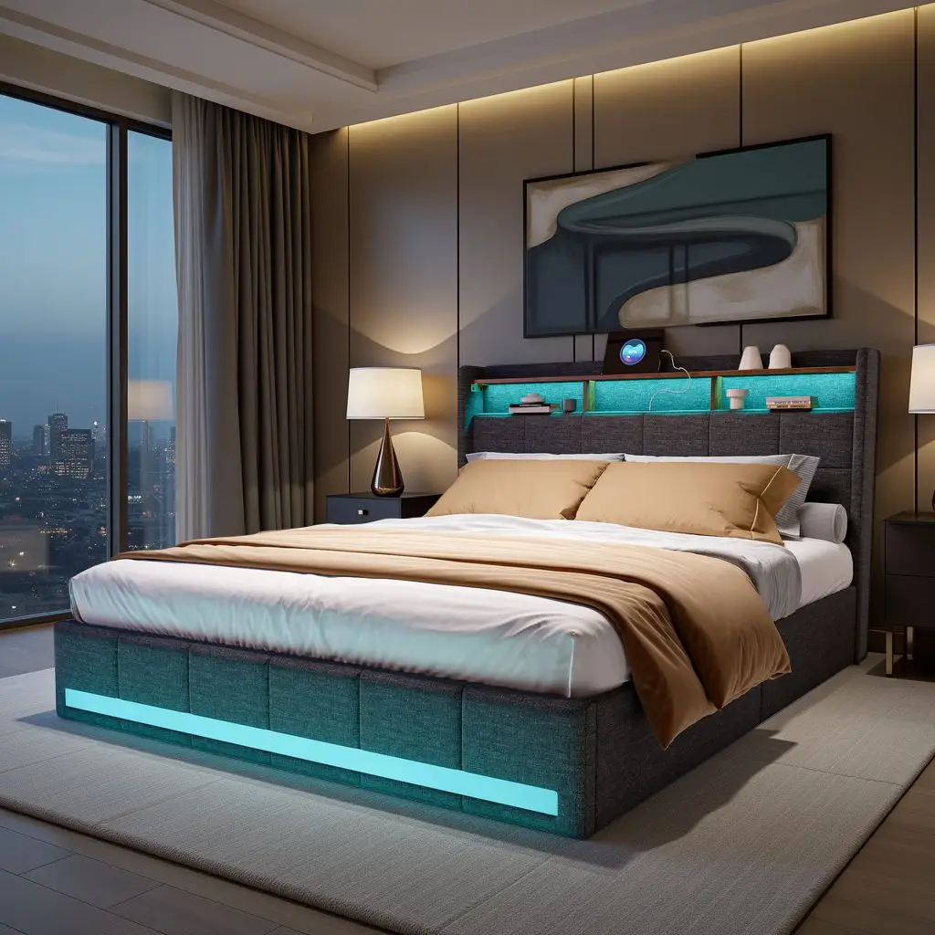 سرير مزدوج مدفوع، 140 × 200 سم، مع 4 أدراج تخزين، إضاءة LED ومنفذ USB، رمادي حديث بسيط، هيكل سرير