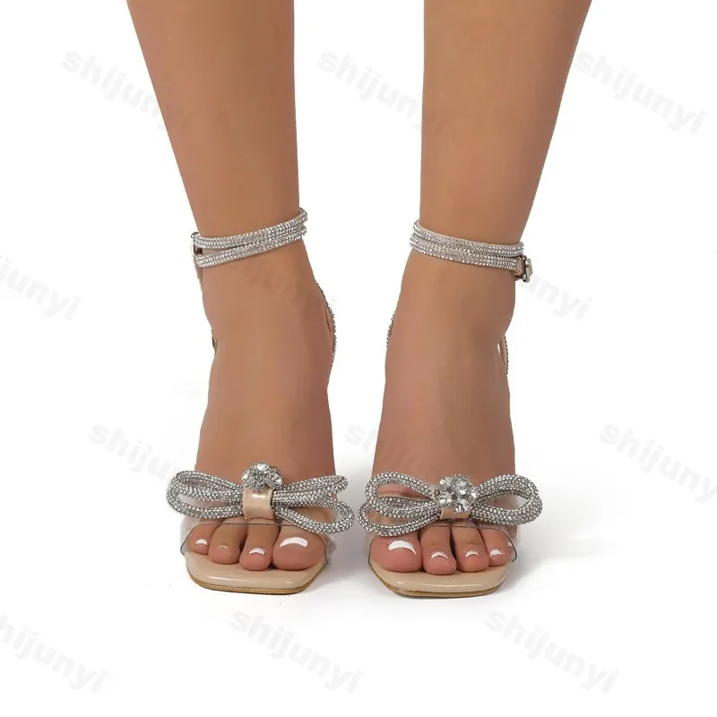 2024 New Summer Comfortable Versatile Sandals Casual Back Strap Bow Rhinestone Stiletto Women\'s Shoes Zapatillas Mujer