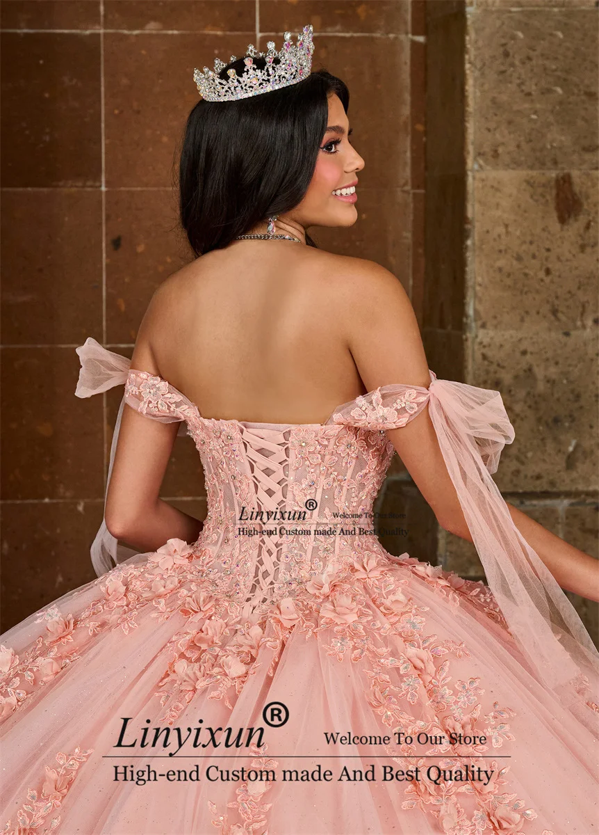 Princesa vestido de baile rosa fora do ombro, Lace-Up, Lace-Up, Frisado, Flores 3D, Babados, 16 Vestidos de Aniversário, Vestidos Quinceanera, México, 2024