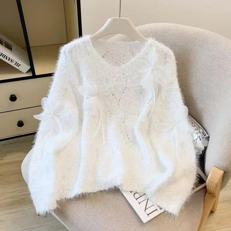 

Sweet Ele Pink Faux Mink Soft Cozy Knitwear Women's Sli Top Autumn Winter New Sle 3D Flower Embellied V-ne Sweater