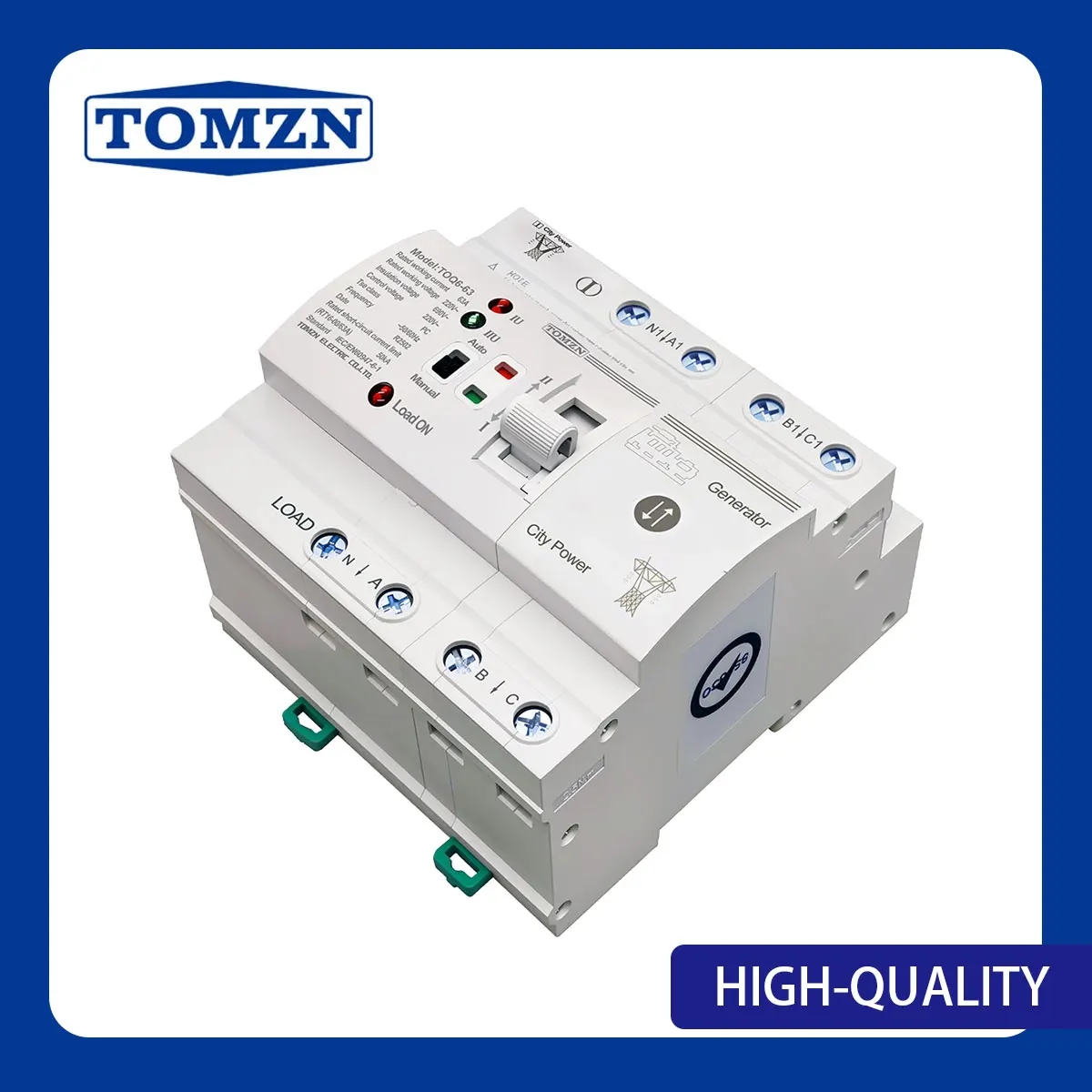 TOMZN Small Size Automatic Transfer Switch TOQ6 2P 4P 63A Din Rail Generator to City Power 230V AC PC Class 50/60Hz Manual
