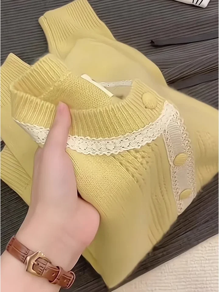 フレンチスタイルレーススプライスセーター秋冬Oネック長袖ニットカーディガン女性2025新作透かし編みゆったり万能トップス