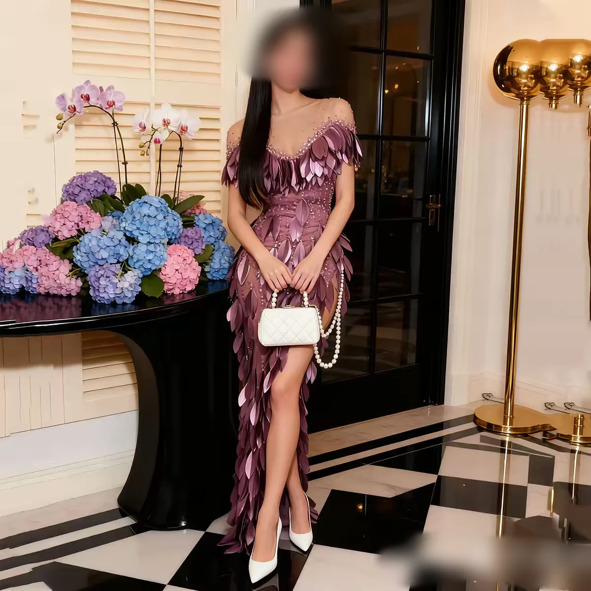 Customized Evening Dress Off Shoulder 3D Gradient Purple Leaf Rhinestone Sheer Mesh High Slit Asymmetrical Train Slim Fit