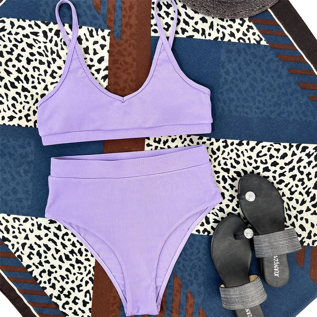 Neuer, gerippter, gepolsterter Bikini mit hoher Taille in 4 Farben, Damen-Badeanzug, zweiteiliges Bikini-Set, Badebekleidung, Badeanzug, Modell V3768. – Detail 15
