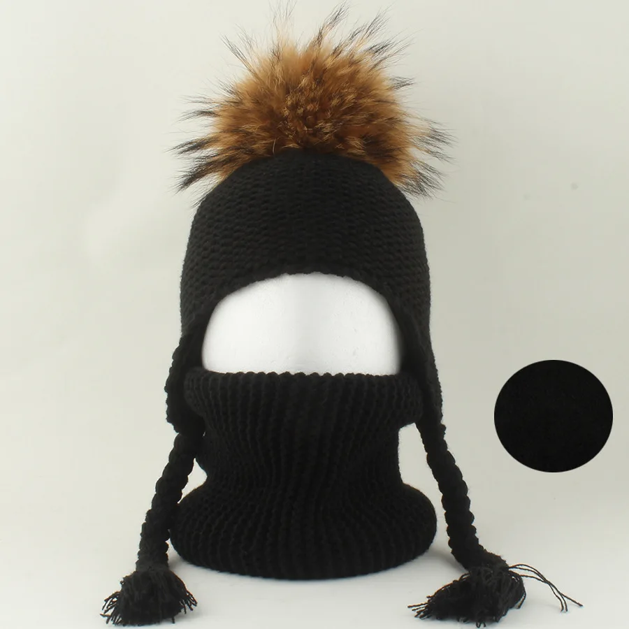 Children Genuine Furball Hat Hugger Toque Cap Stocking Head Watch  Scarf Autumn Winter Fleece Warm Boy Girl Baby 8M70