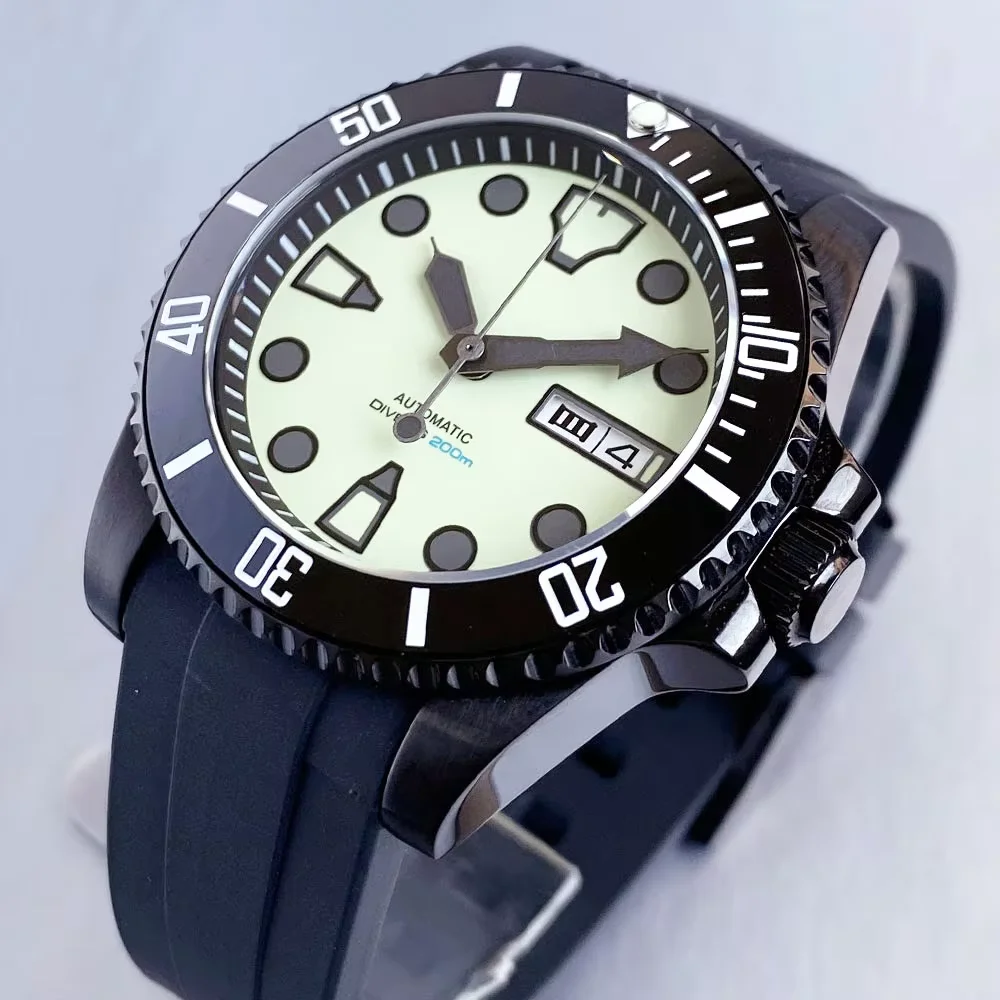 Tandorio Business Black PVD Water Ghost Diver Men Watch Full Green Lume Dial Automatic NH36A Date Week Mechanical Men Watches