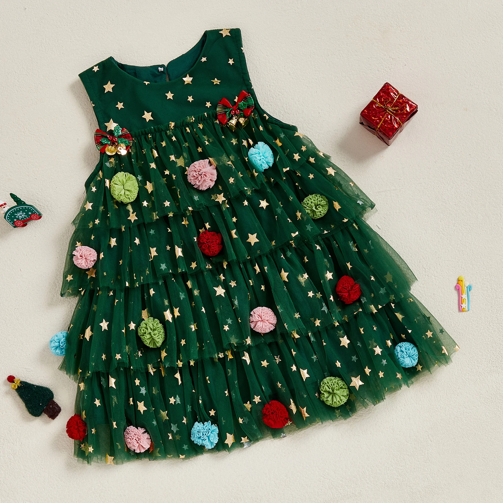 Toddler Baby Girl Christmas Dress Outfit Sleeveless Shiny Stars Tank Dress Layered Tulle Dress Christmas Costume with Bells