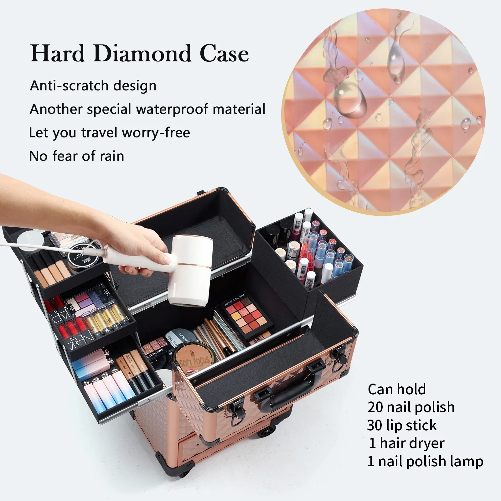 Valise de maquillage professionnelle avec roulettes, grand chariot de rangement pour cosmétiques avec glissière, trousse de maquillage roulante MELLock, module à ongles