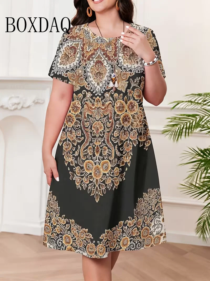 2026 New Women Plus Size Dress Vintage Casual Ethnic O-Neck Elegent A-Line Robe Femme Short Sleeve Vestidos Print Summer Dresses