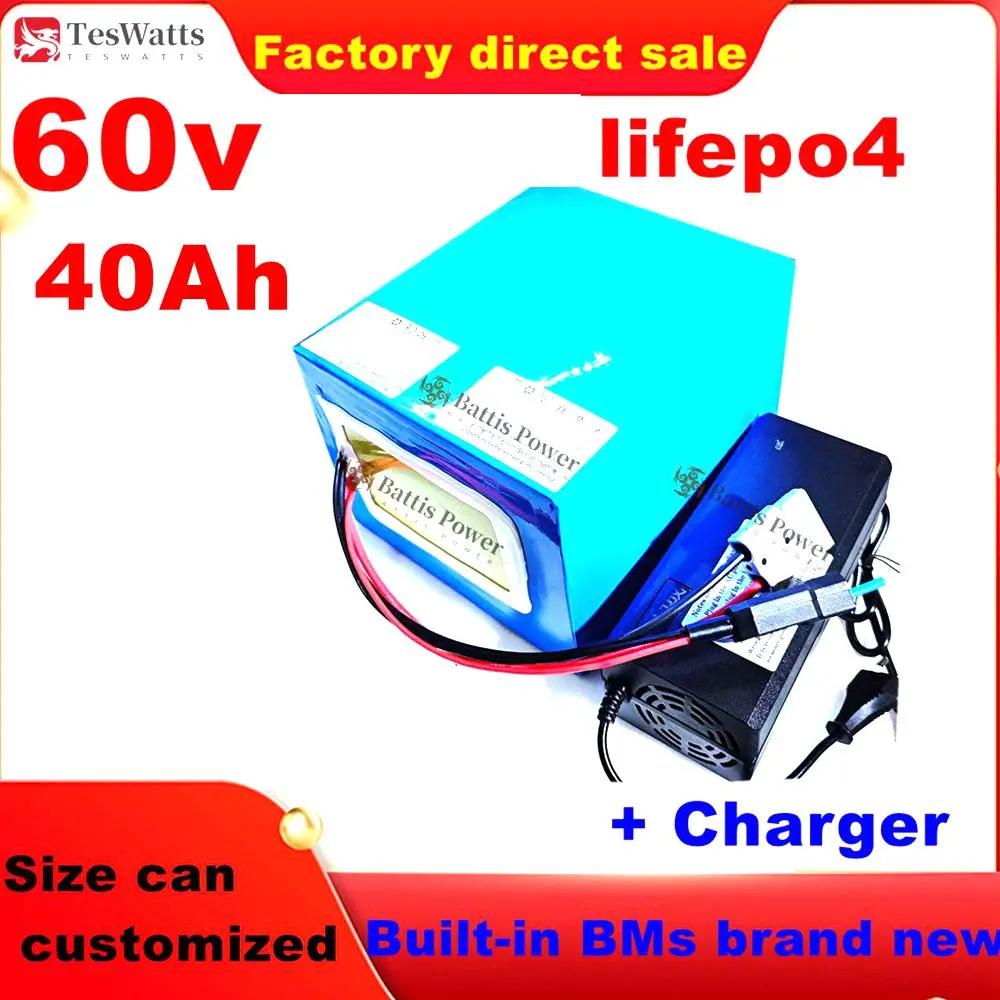 Batterie au lithium LiFePO4 avec BMS, cycle profond, vélo électrique 3000W, scooter, moto, AGV, chargeur 10A, 60V, 40Ah