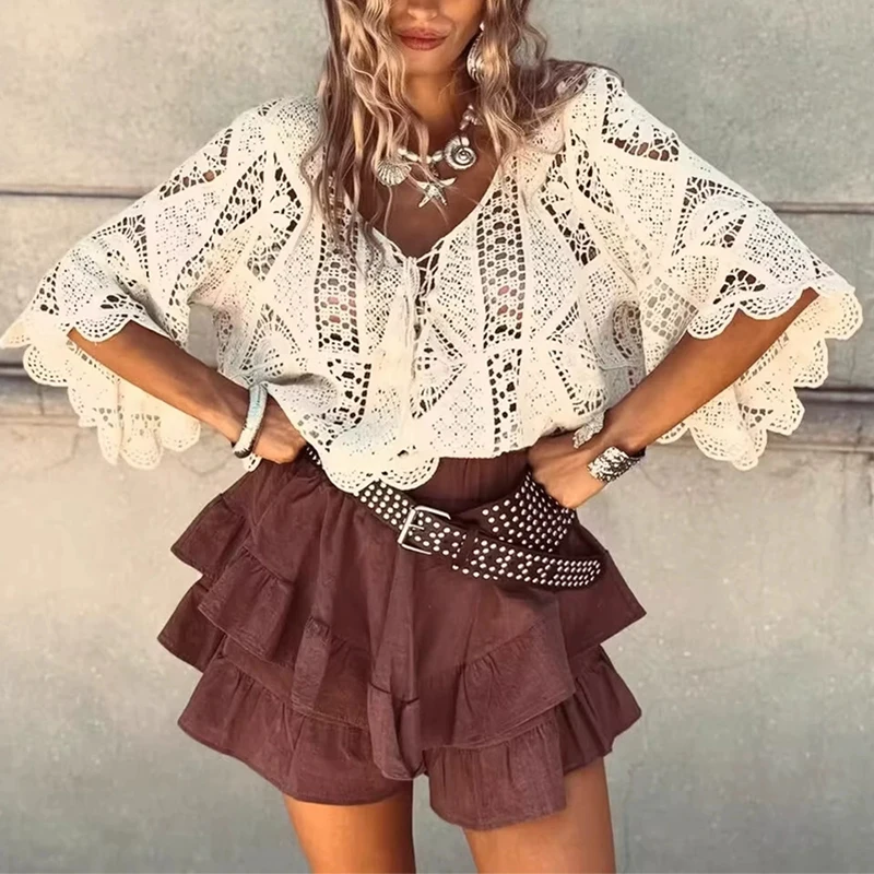 Spring Summer Loose Knitted Top Tees Fashion Women's V-neck Lace Up Hollow Blouses Sexy Flared Sleeves Solid Color Beach T-shirt