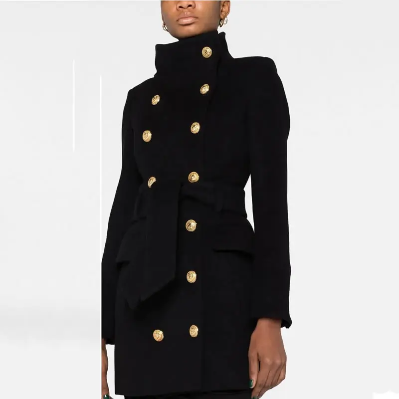 Double Breasted Long Sleeve Coat, Black Wool Coat, Gold, 2023, New, Winter