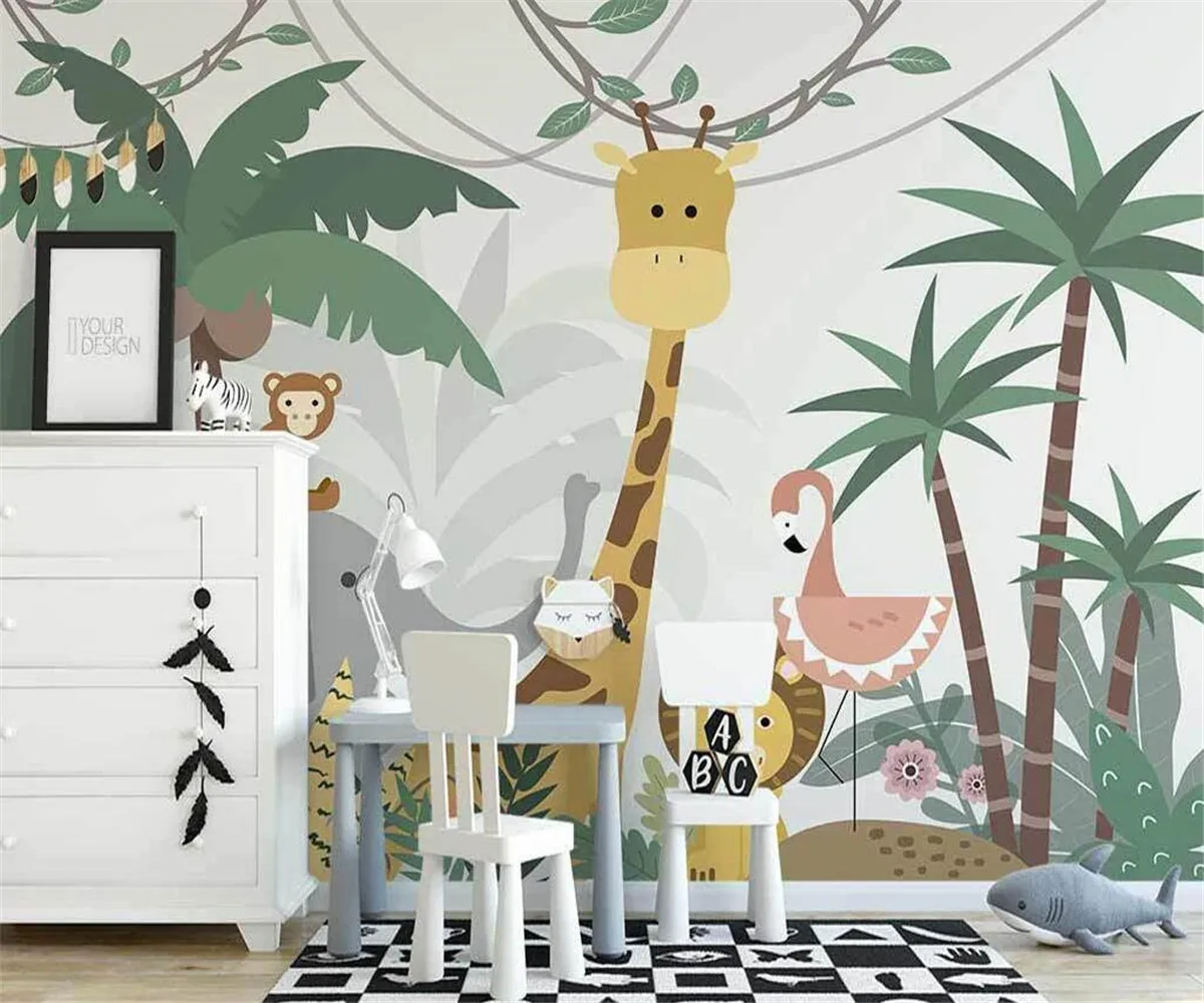 Custom size wallpaper cartoon decorative painting forest animal giraffe flamingo mural 3d wallpaper self-adhesive material mural