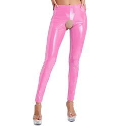 Sexy Womens Glossy Leather Crotchless Long Pants Patent Leather Exotic Leggings Lingerie Latex Pants High Waist Disco Clubwear