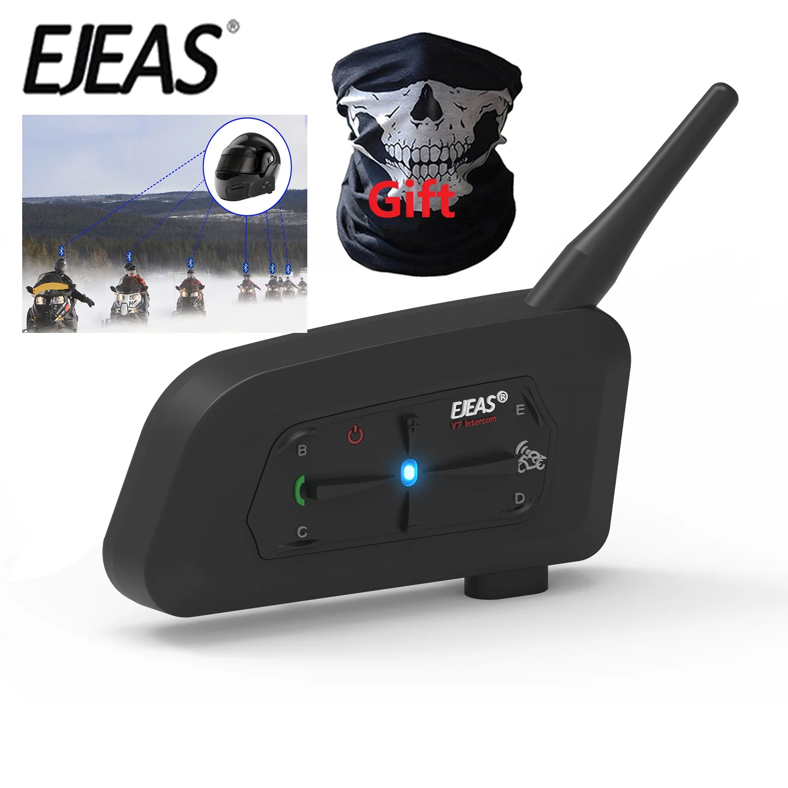 EJEAS V7 Motorcycle Helmet Intercom Bluetooth Headset Handlebar Grip Interphone Full Duplex Communicator for 7 Riders Waterproof