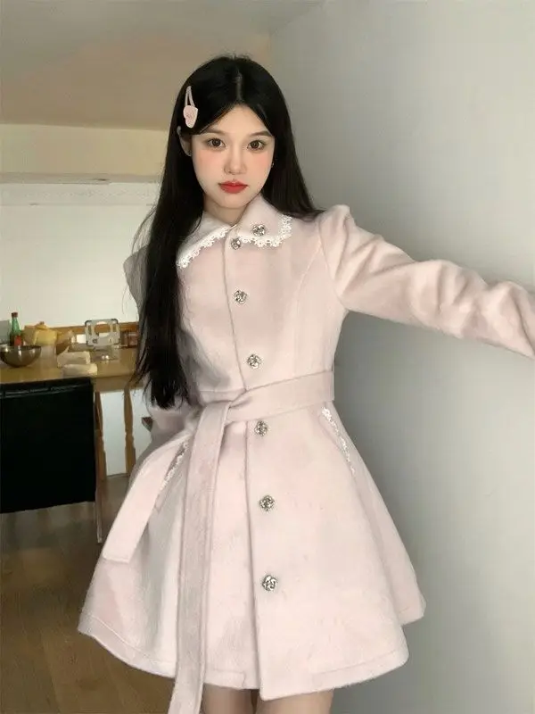 Korean Fashion Doll Collar Pink Wool Coat Women Winter Clothes New Sweet Warm Waist Slimming Mid Length Wool Jackets for Women