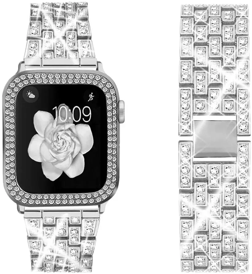 Diamond Strap+Watch Case For Apple watch 45mm 44 mm 42mm 41mm 40mm 38mm Women Metal bracelet Band iWatch 9 8 7 6 5 4 3 SE Correa