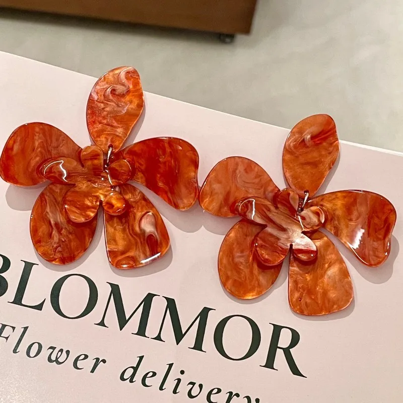 Exaggerated oversized orange five-petal flower earrings temperament floral earrings fashionable acrylic double-layer large flowe