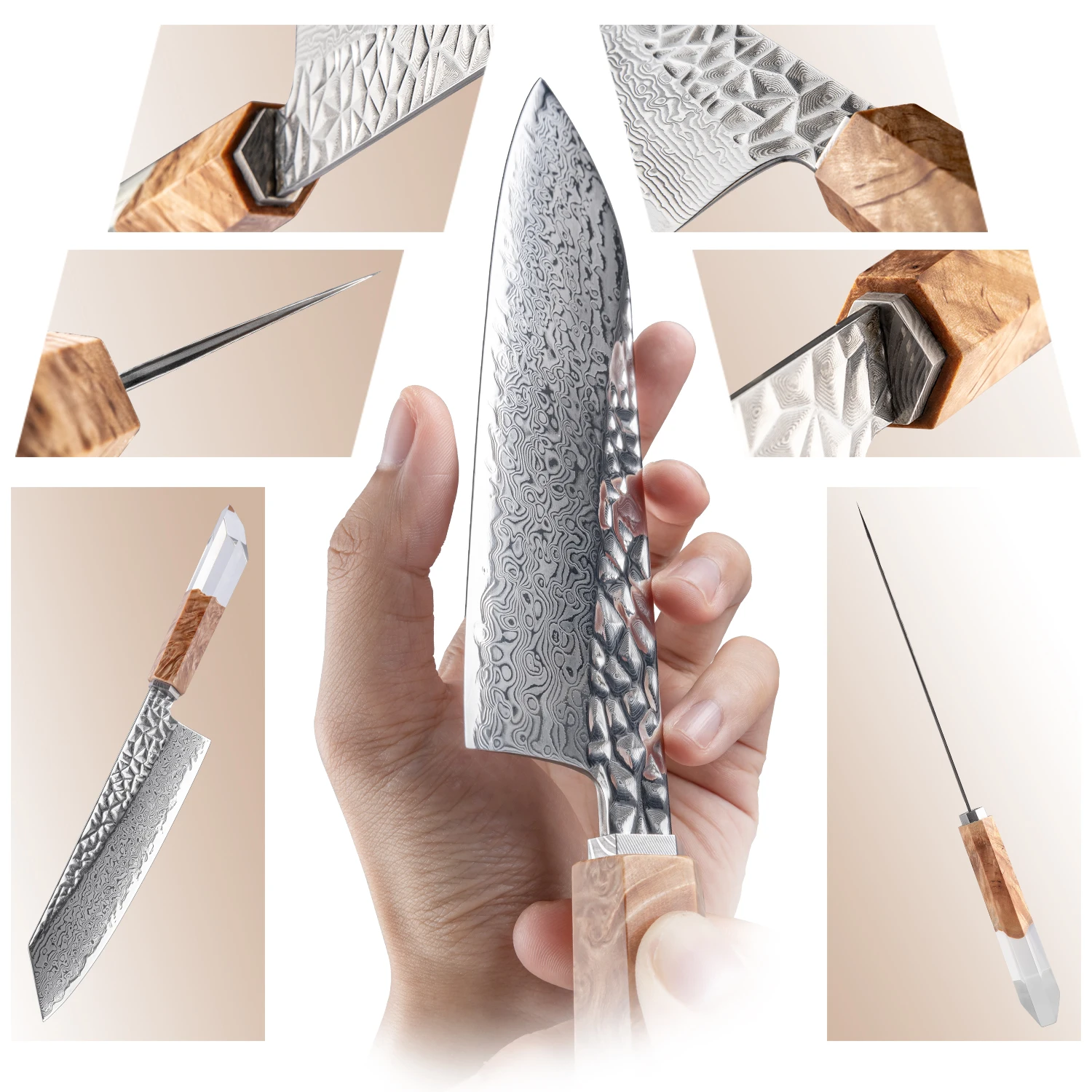 GRANDSHARP 7 Inch Santoku Japanese Knife 67 Layers Damascus AUS-10 Steel Blade Stabilized Wood and Resin Handle Cooking Tool