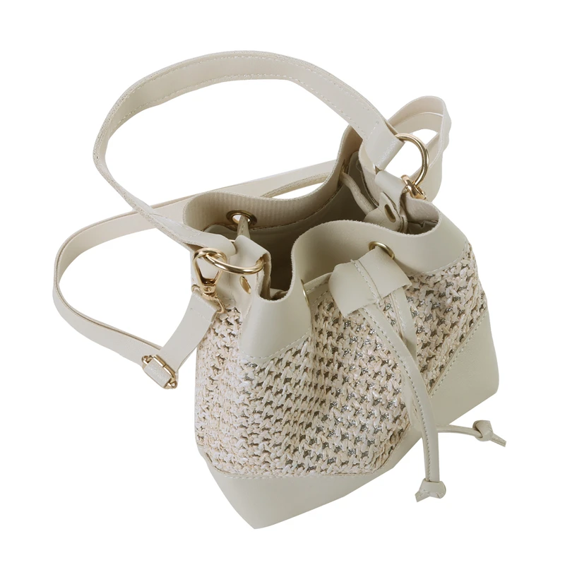 Bucket Bag For Women Drawstring Handbag Beach Straw Woven Crossbody Bag Fashionable Simple And Elegant Summer Messenger Bag