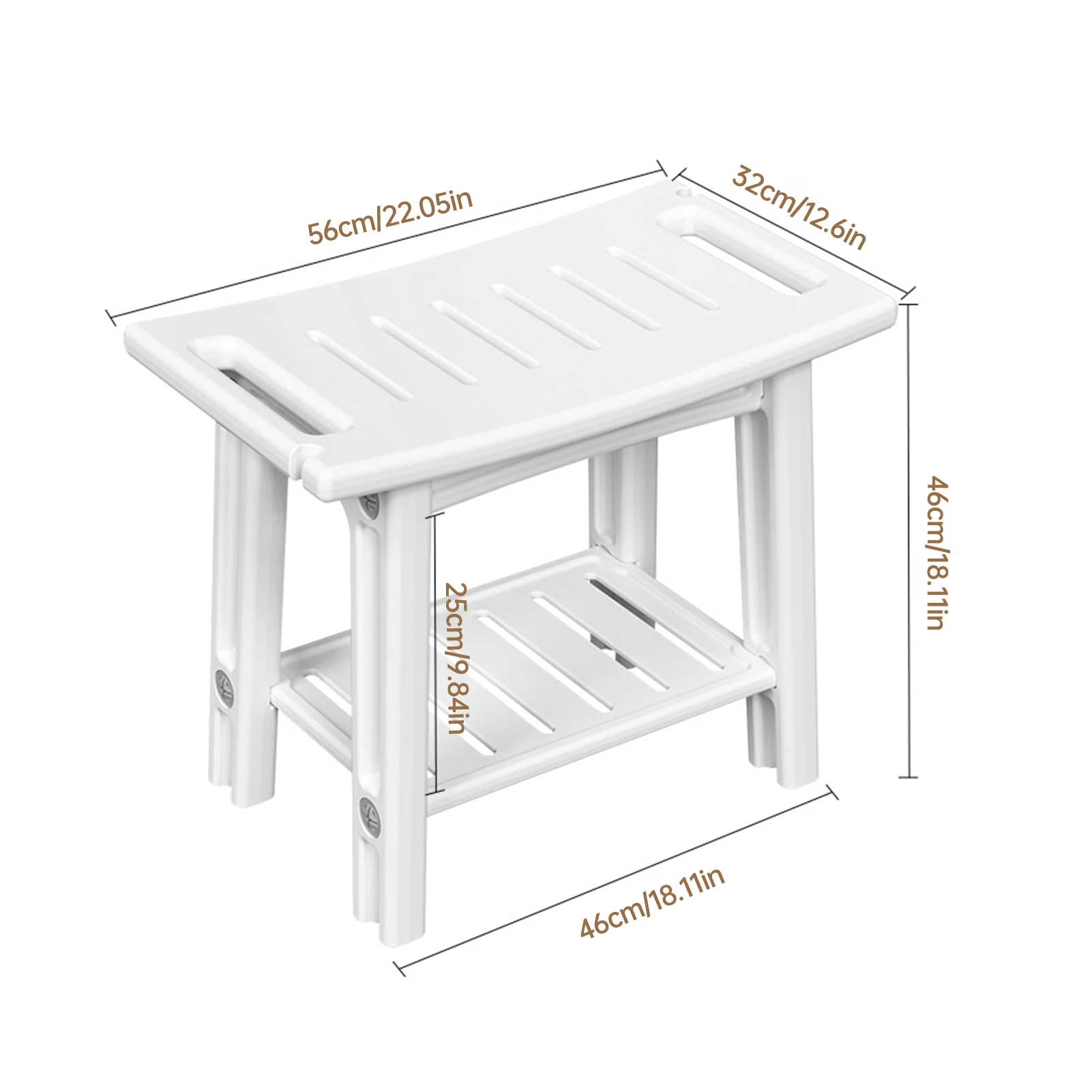 Shower Benches Durable Shower Chair 2-tier Storage Spaces and Dual Handles Waterproof Stool with Non-slip Pads
