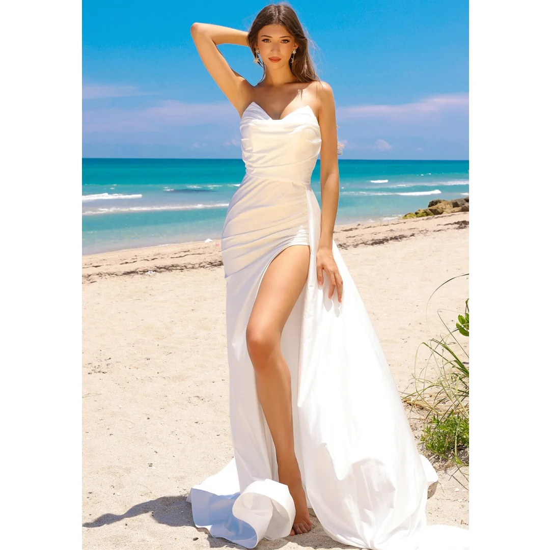 

Satin Strapless Beach Wedding Dresses White V-neck Backless Evening Dress Luxury High Split Pleats Court Train Bridal Gowns 2024