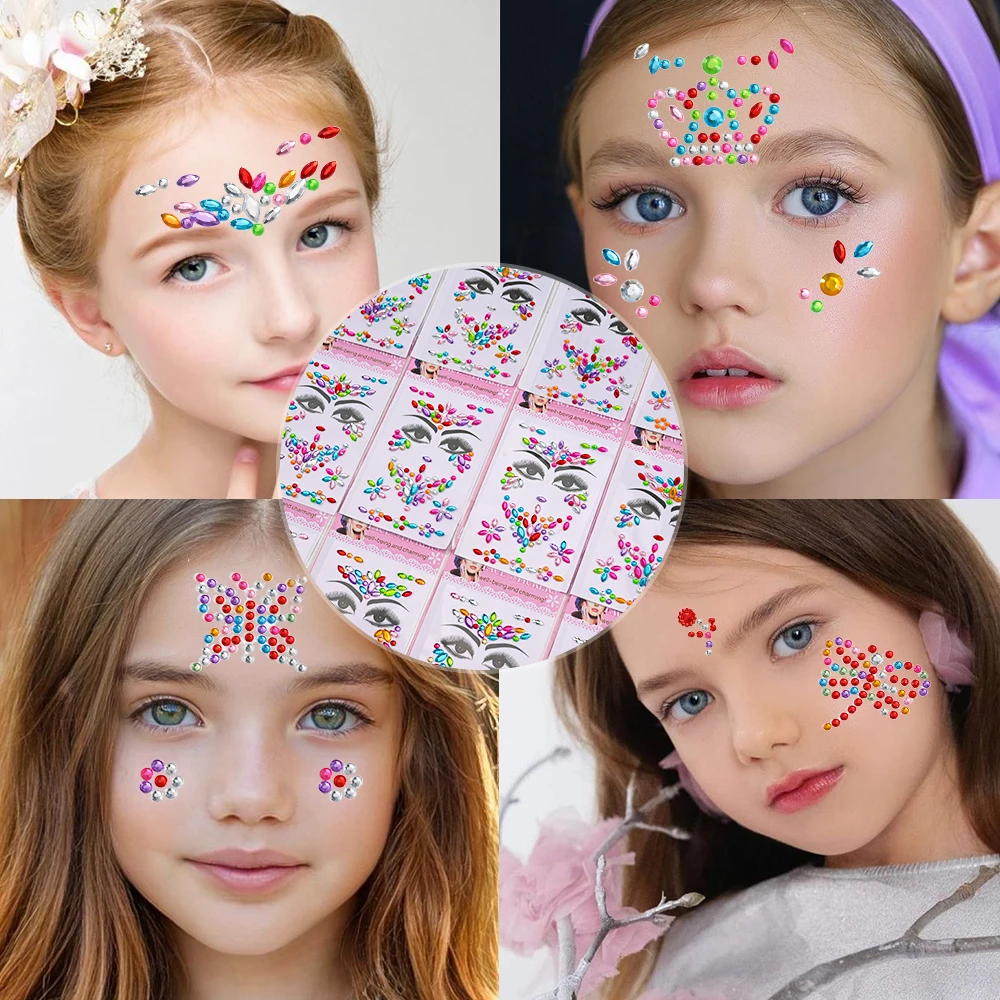 12pcs/set Children\'s Crystal Face Gems Stickers Butterfly Crown Flower Kids Tattoo Sticker Self-adhesive Body Makeup Face Jewelr