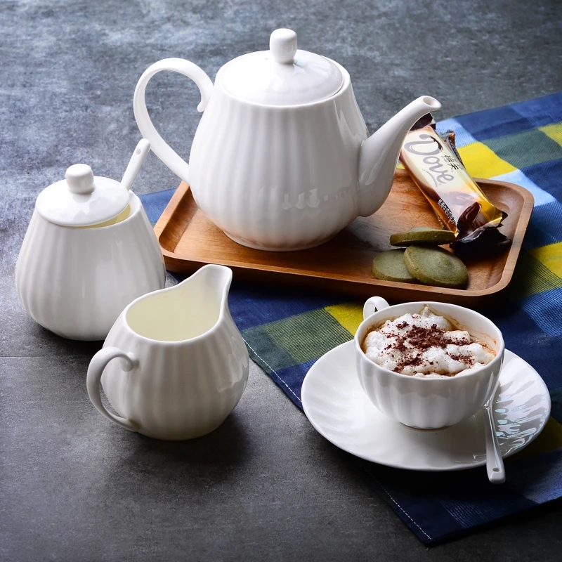 21pcs Set, Real Bone China Coffee Plain White Pumpkin Tea Cup and Teapot, with Cream Boat & Sugar Bowl, Taza Chip