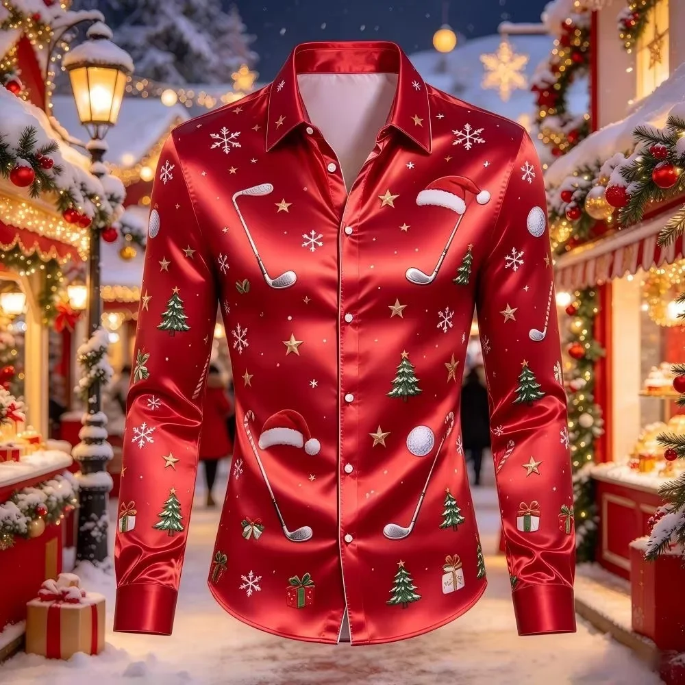 Christmas satin long sleeve shirt featuring a variety of Santa and animal designs, perfect for holiday wear Fast shipping