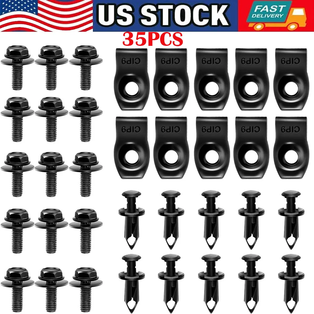35PCS High Quality Car Engine Under Cover Splash Shield Guard Body Bolts U-nut Clip Fastener Bumper Fender Liner Push Retainer Fastener Rivet Clips Car Accessories