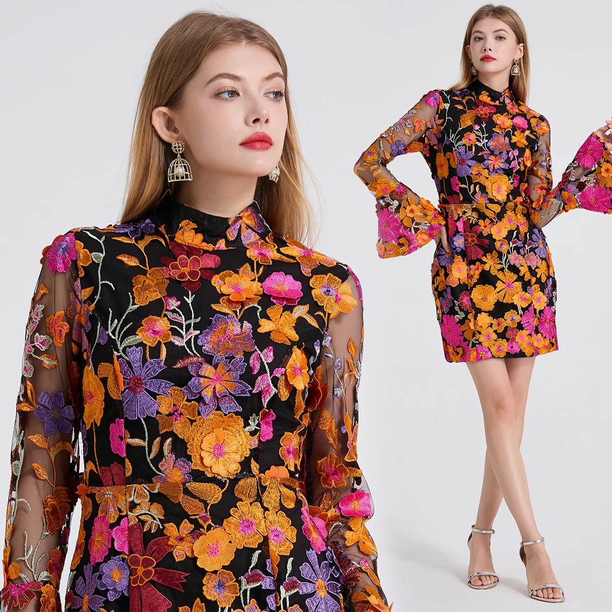 

Three dimensional flower embroidery flower stand collar trumpet long sleeved dress evening gown dress