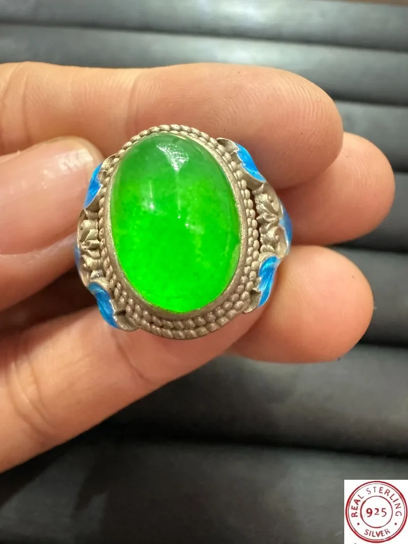 

Tibetan Silver Cloisonne Ring, Inlaid Star Gemstone, Retro Ethnic Style, Adjustable Open Band, Unisex Vintage Finger Jewelry