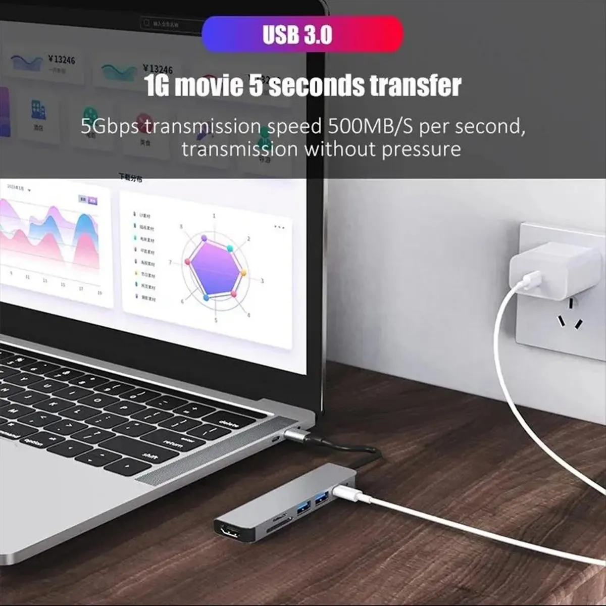6 in 1 USB C HUB 4K 30Hz Type C to -Compatible USB Splitter TF SD Multi Converter USB Adapter for PC Laptop
