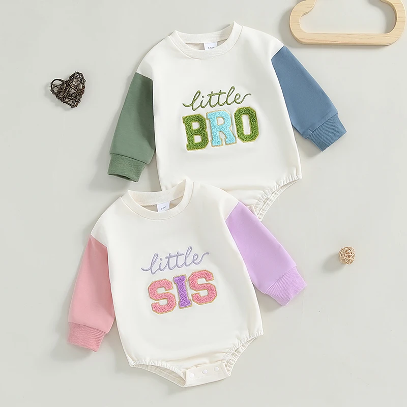 Baby Girls Boys Sweatshirts Rompers Sister Brother Matching Clothes Letter Embroidered Long Sleeve Toddler Fall Bodysuits