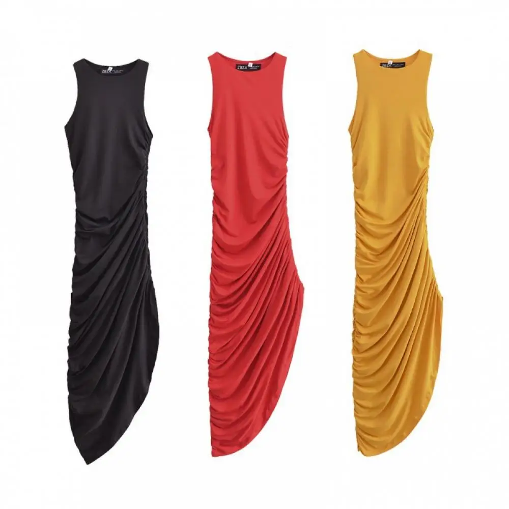 

Women Pleated Slim Fit Hip Wrap Dress Asymmetrical Sleeveless Dresses Versatile Hip Wrap Vestidos for Lady Party Streetwear