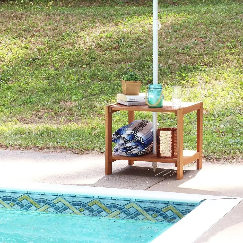 20-Inch Outdoor Side Table - Wooden Adirondack Style Patio End Table with Umbrella Hole - Perfect for Drinks and Balcony Essenti